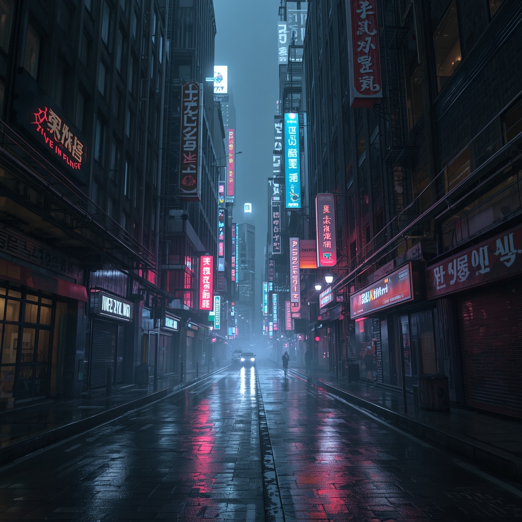 A breathtaking view looking down a narrow neon-lit alleyway in a cyberpunk-style metropolis, towering futuristic skyscrapers, rain-slicked pavement reflecting bright neon signs, cinematic atmosphere, highly detailed, 8k resolution, photorealistic, no text, no people, no women